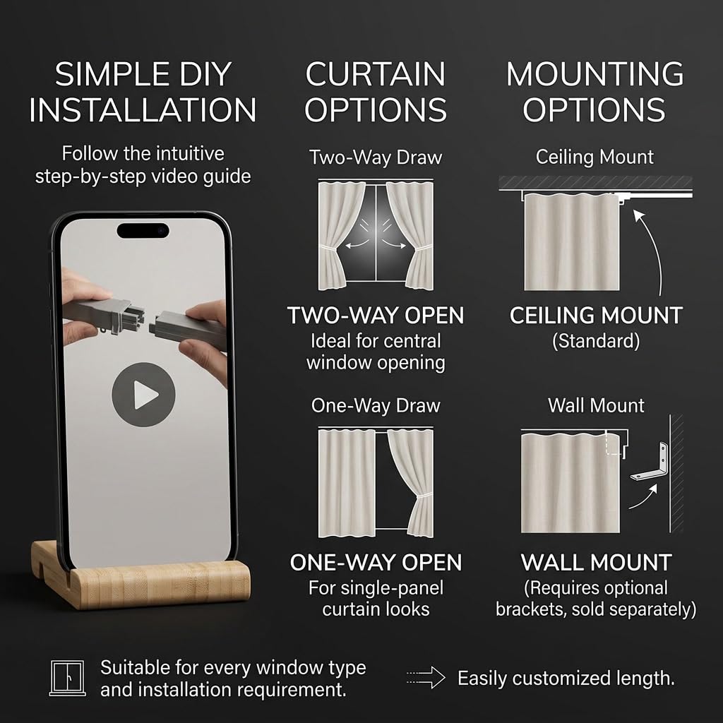 Quoya QL600 Smart Electric Curtain Track, Motorized Adjustable Rail, Compatible with Alexa, Google, Siri & Apple Watch