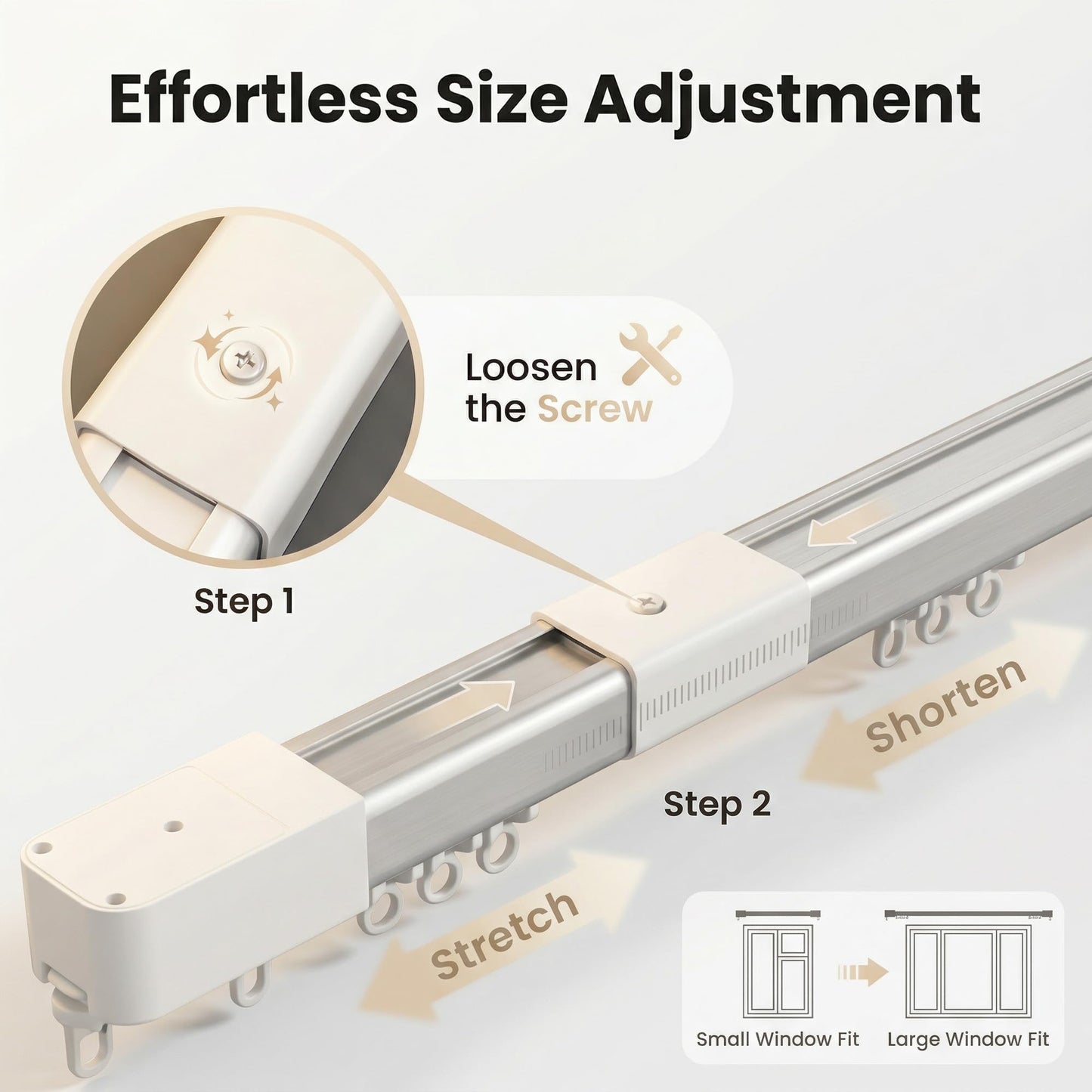 Pre-Assembled Telescopic Smart Curtain Track, WiFi Motor, Ceiling/Wall Mount, Tuya/Remote, Alexa & Google (91"-158")