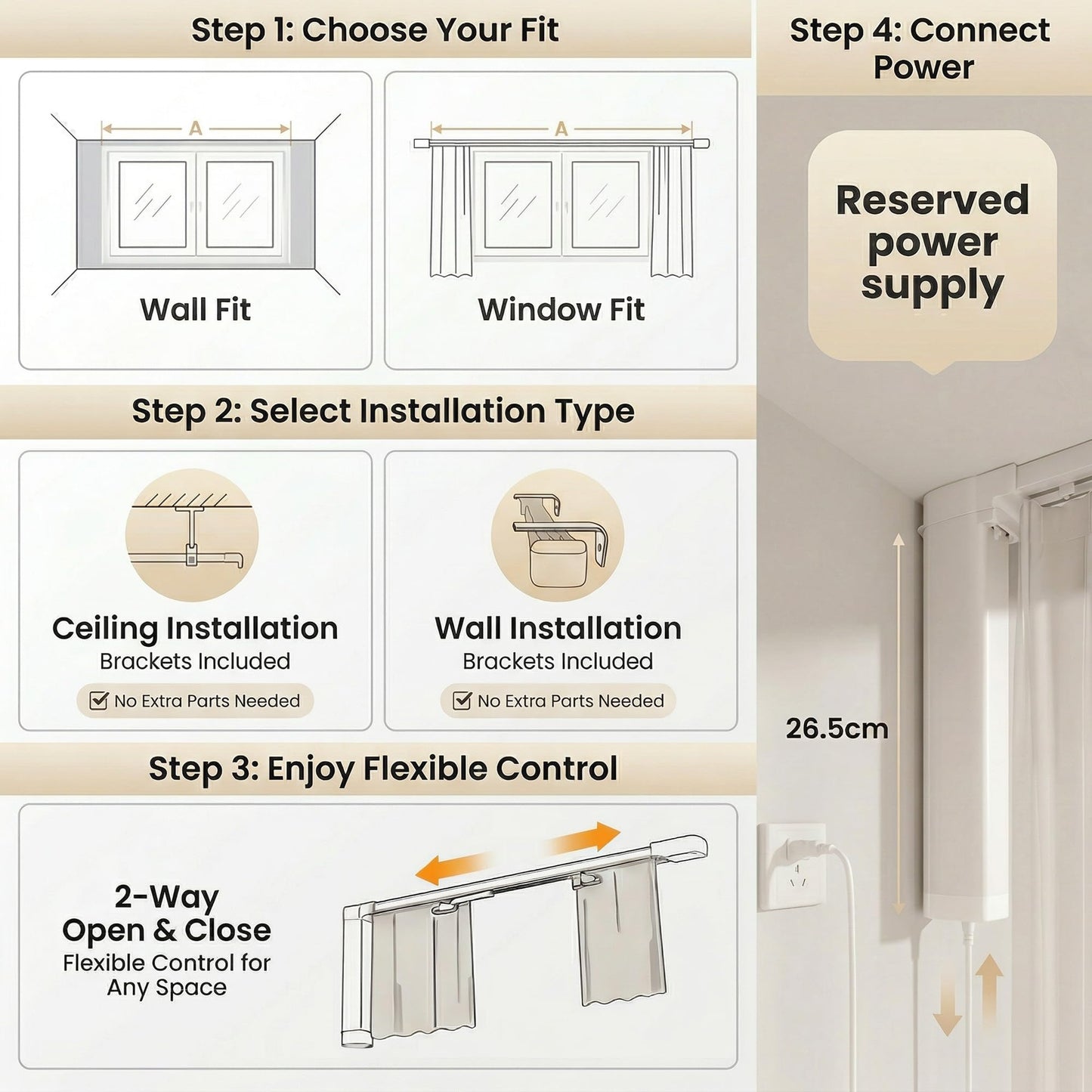 Pre-Assembled Telescopic Smart Curtain Track, WiFi Motor, Ceiling/Wall Mount, Tuya/Remote, Alexa & Google (91"-158")