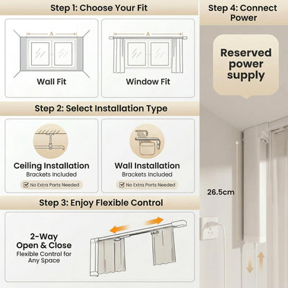 Pre-Assembled Telescopic Smart Curtain Track, WiFi Motor, Ceiling/Wall Mount, Tuya/Remote, Alexa & Google (91"-158")