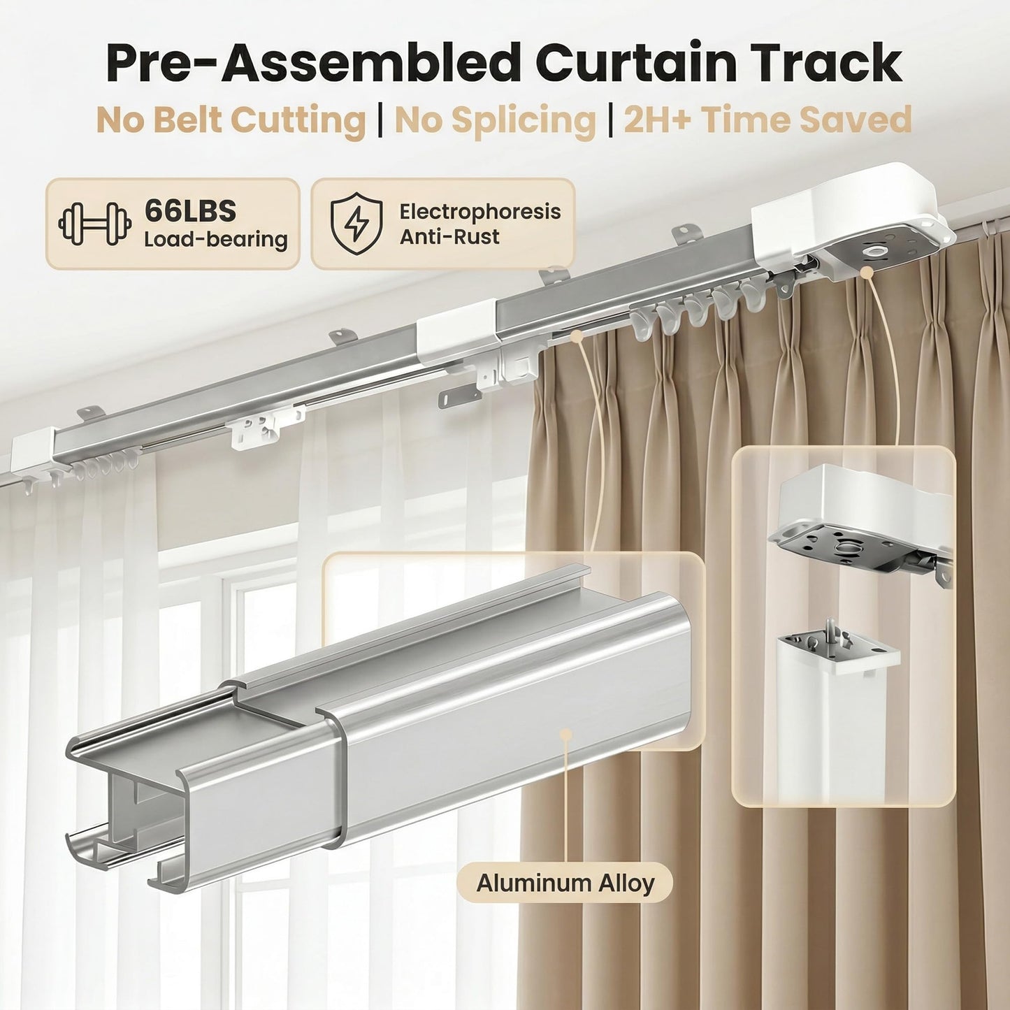 Pre-Assembled Telescopic Smart Curtain Track, WiFi Motor, Ceiling/Wall Mount, Tuya/Remote, Alexa & Google (91"-158")