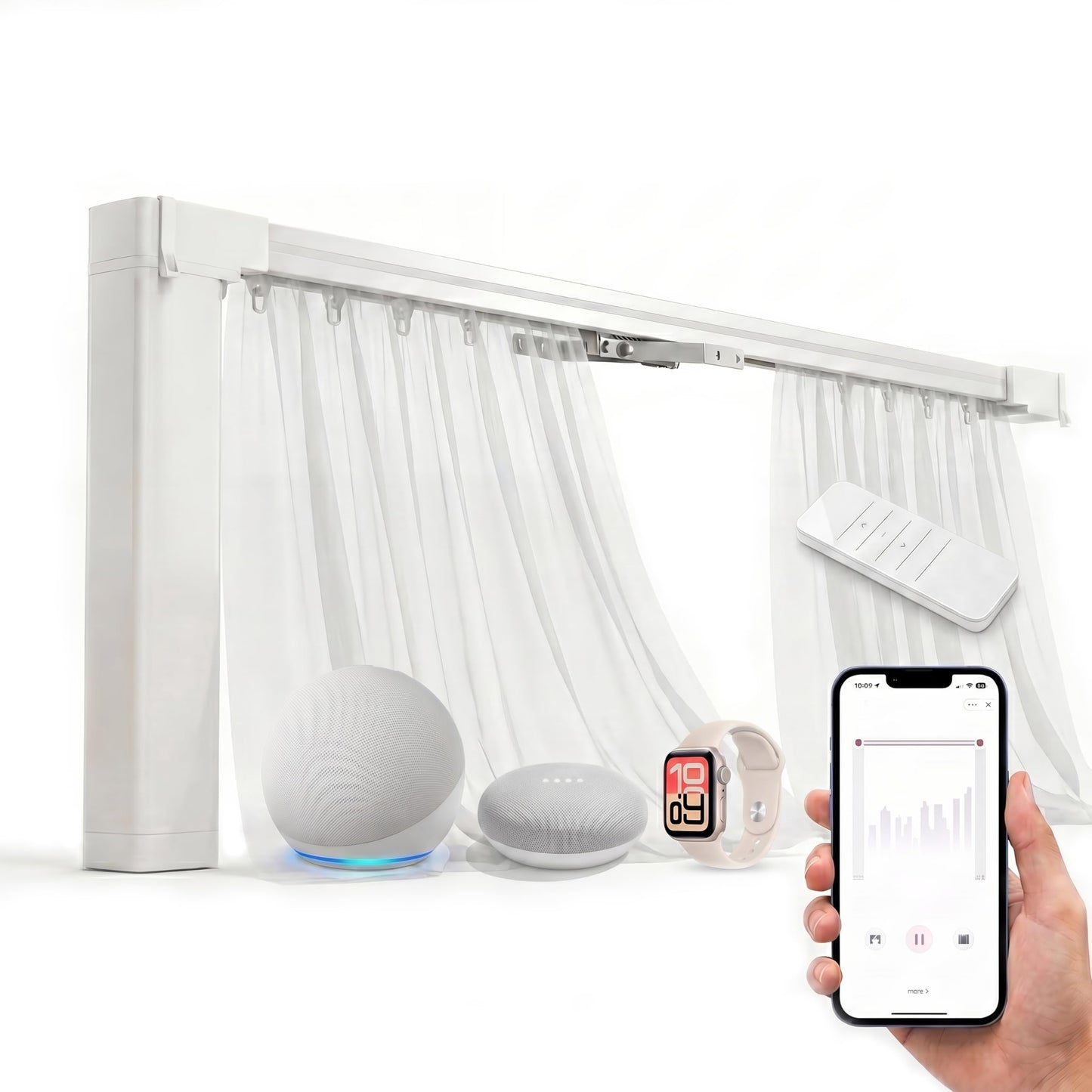 Quoya QL600 Smart Electric Curtain Track, Motorized Adjustable Rail, Compatible with Alexa, Google, Siri & Apple Watch