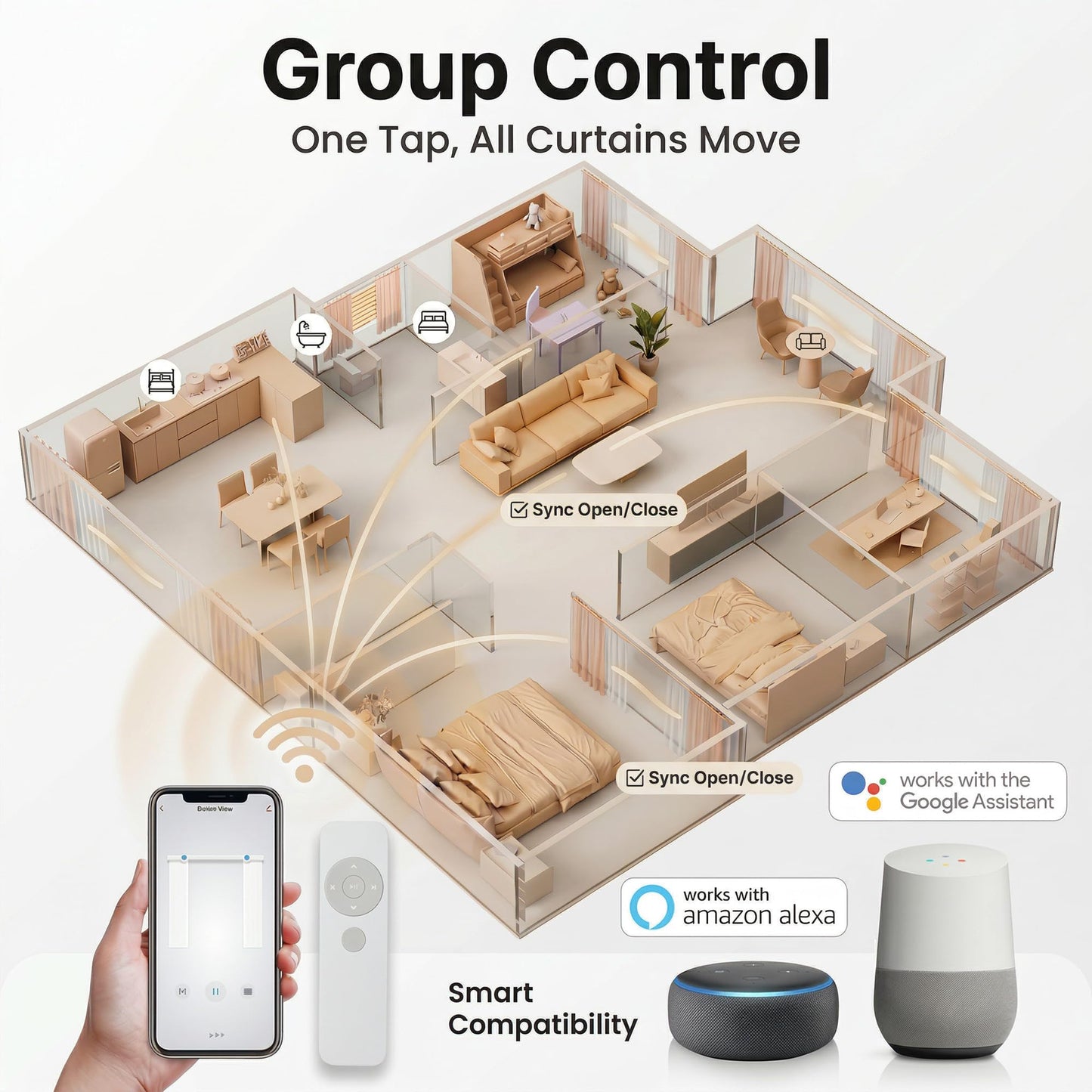 Pre-Assembled Telescopic Smart Curtain Track, WiFi Motor, Ceiling/Wall Mount, Tuya/Remote, Alexa & Google (91"-158")